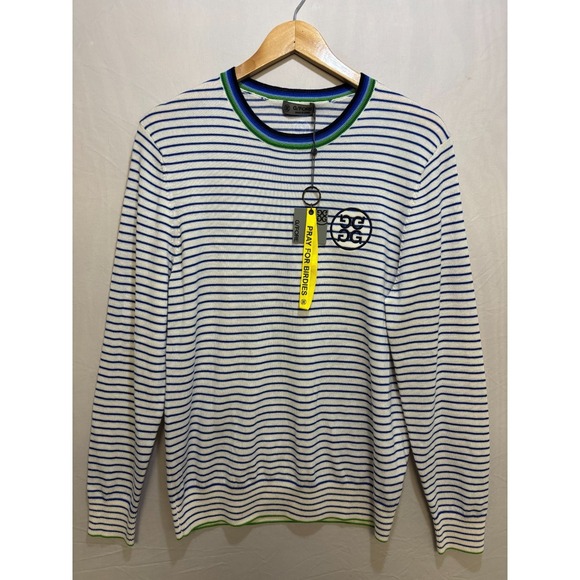 G/Fore Golf Sweater Mens Blue White Striped Wool Crewneck Pray For Birdies S NWT